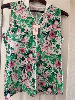 NWT Tommy Bahama Pink & Green Tropical Floral Zip-Front golf shirt